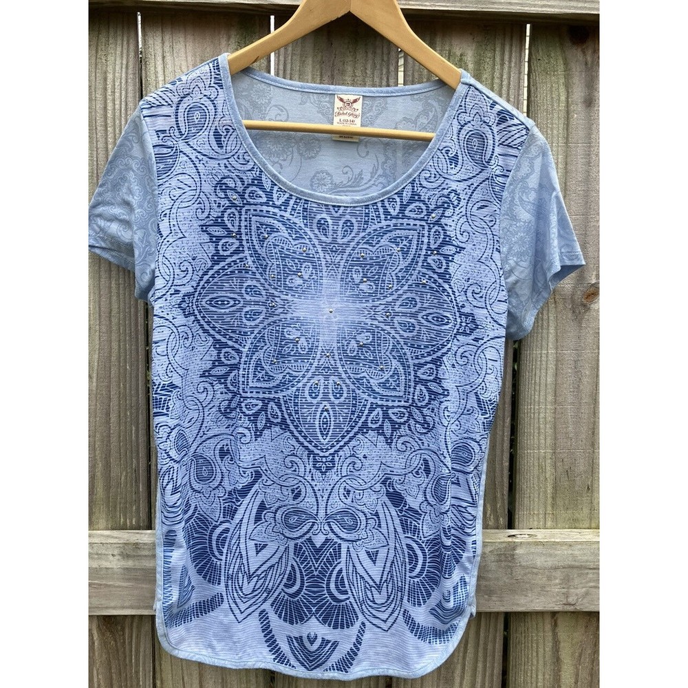Faded Glory Womens T-shirt Blue Paisley Large 12-14 Sequin Sparkle Mandala